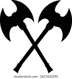 Image shows a black silhouette of two crossed battle axes symbolizing strength, power, and medieval warfare. Perfect for fantasy themes, logo and icon making.