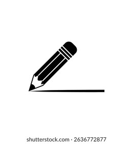 The image shows a black and white graphic depiction of a pencil, angled down and drawing a straight line on a white background. Simple and clean design.