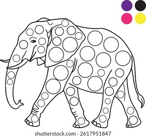 The image shows a black and white line drawing of an elephant walking