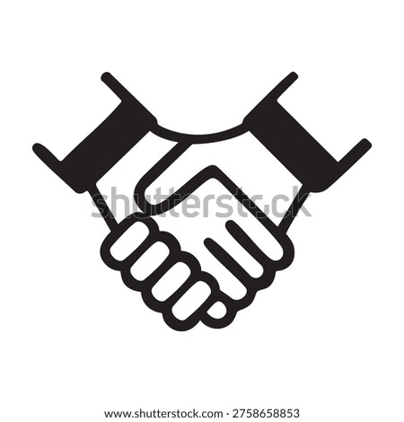 The image shows a black and white line drawing of two hands clasping each other in a handshake. This iconic gesture is commonly used to represent agreements, partnerships, deals, or successful negotiations between individuals or entities.