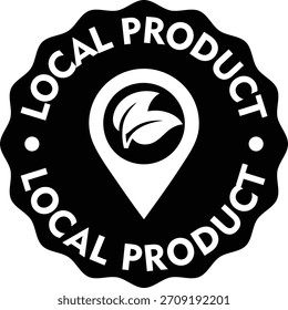 The image shows a black and white seal with the words "LOCAL PRODUCT" around the edge. The center of the seal contains a location pin with leaves.