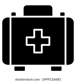 The image shows a black and white silhouette of a first aid kit. It is a rectangular box with a handle on top and a white cross in the center.