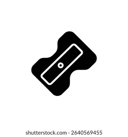 The image shows a black and white vector graphic icon of a single-hole pencil sharpener. A minimalist design provides clear representation of a stationery item.