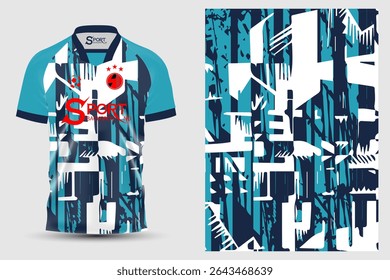 The image shows a blue and black sports shirt, which is a sports team shirt. It is clear that the shirt is designed to look sporty and has a geometric graphic pattern.