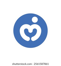 The image shows a blue circle with a white stylized design inside that resembles a heart shape with a dot above it, possibly representing a person embracing or caring for another.