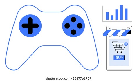 Image shows a blue gaming controller next to a smartphone with a shopping cart icon and a Buy button. Above the smartphone is a bar graph icon indicating analytics. Ideal for gaming, e-commerce