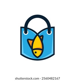 The image shows a blue shopping bag with a yellow fish design on it, combining elements of shopping and aquatic life in a visually appealing logo.