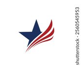The image shows a blue star with three red, curved stripes extending from its right side, resembling a stylized representation of the American flag