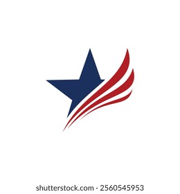 The image shows a blue star with three red, curved stripes extending from its right side, resembling a stylized representation of the American flag