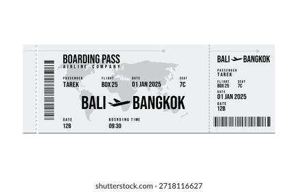 La Imagen muestra una tarjeta de embarque para un vuelo de Bali a Bangkok el 1 de enero.