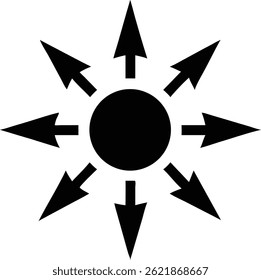 Image shows a bold black circle from which eight black arrows radiate outwards in evenly spaced directions, creating a sense of expansion and distribution.