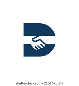 The image shows a bold monogram logo design of an initial letter D in dark blue color with a handshake sign that looks clean and sharp on a white background