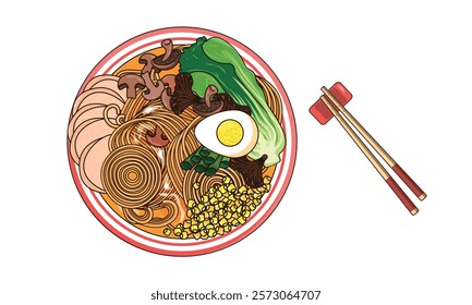 The image shows a bowl of ramen with noodles, boiled egg, corn, mushrooms, green onions, and leafy greens on a white background. Chopsticks are placed beside the bowl.