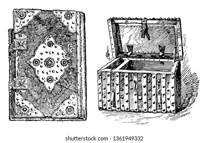 The image shows a box and a book, as well as a box made of sturdy nails. The book is very thick and old, vintage line drawing or engraving illustration.