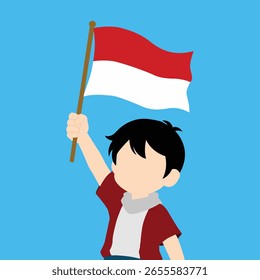 The image shows a boy in a cartoon style or simple illustration, holding up the Indonesian flag.