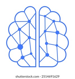 A imagem mostra um cérebro dividido em dois hemisférios com nós e linhas interconectados, representando conexões neurais, IA, aprendizado de máquina e temas de networking em uma cor azul simplista.