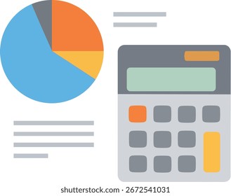 La Imagen muestra una calculadora junto con un gráfico circular con segmentos naranja, azul, amarillo y gris que representan la visualización de datos, transmitiendo los cálculos financieros y el análisis en un estilo claro. Sentimiento tranquilo.