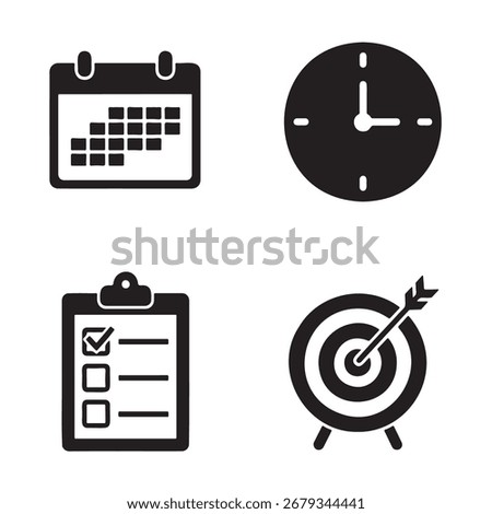 The image shows a calendar, clock, clipboard, and target, representing planning, time management, tasks, and goals.