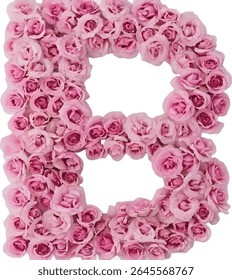 The image shows the capital letter B formed by a dense cluster of pink roses, creating a visually appealing and romantic floral arrangement against a white background.
