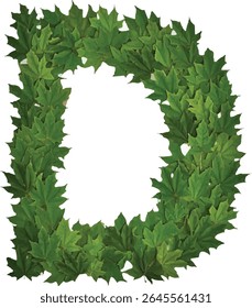 The image shows a capital letter "D" formed by many overlapping green maple leaves, creating a vibrant and natural representation of the letter.