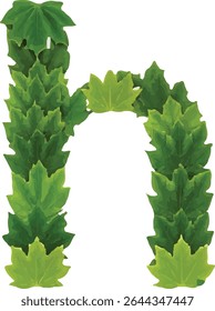 The image shows a capital letter H formed by an arrangement of green maple leaves, creating a vibrant and natural representation of the letter.