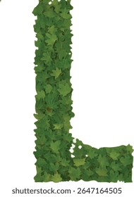 The image shows a capital letter "L" formed by a dense collection of green leaves, creating a natural, organic font style on a white background.