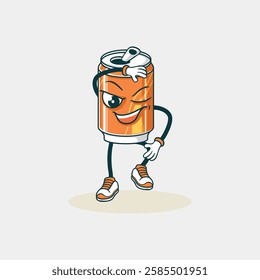 The image shows a cartoon character of an orange soda can winking and posing confidently, wearing shoes.