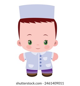 The image shows a cartoon character of a small child wearing a doctor's uniform. The uniform is primarily white with light purple accents and includes a double-breasted jacket and chef's hat. . 