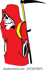 The image shows a cartoon of a grim reaper with a scythe. The grim reaper is a skeletal figure wearing a black robe and hood. He is holding a large scythe in his hand.