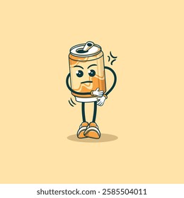 The image shows a cartoon illustration of an annoyed soda can character holding its stomach.