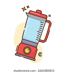 The image shows a cartoon illustration of a blender. The blender has a red base with a round yellow button and a light purple trim.