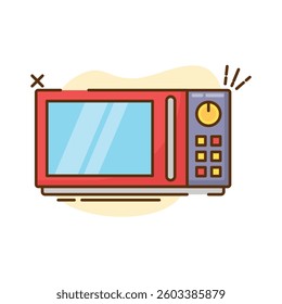 The image shows a cartoon illustration of a microwave oven. The microwave has a red body with a lighter red door that feature