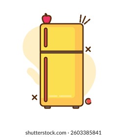 The image shows a cartoon illustration of a refrigerator. The refrigerator is yellow with a brown line separating the freezer compartment