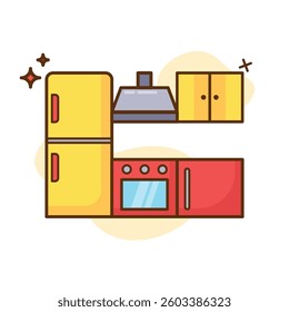 The image shows a cartoon illustration of a section of a kitchen. On the left is a yellow refrigerator