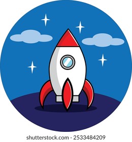 La Imagen muestra un cohete de estilo de dibujos animados en blanco y rojo, apuntando hacia arriba contra un fondo azul con estrellas y Pequeñas nubes a su alrededor.