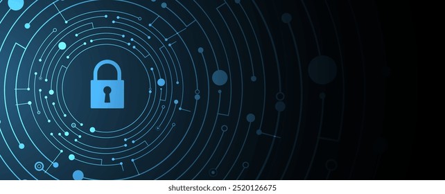 The image shows a central padlock icon placed on a grid of interconnected lines, symbolizing cybersecurity.