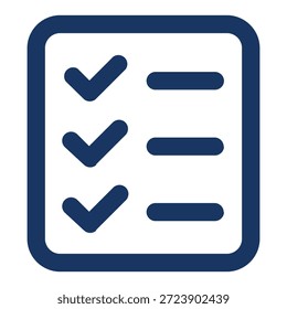 The image shows a checklist icon in a simple line style. It features a rectangular document with rounded corners containing three checkmarks on the left and corresponding horizontal lines on the right, representing completed tasks or listed items. The icon commonly symbolizes a checklist, task list, to-do list, verification, or completed requirements.