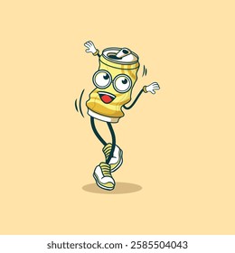 The image shows a cheerful cartoon depiction of a crushed soda can dancing. It wears glasses and sneakers.