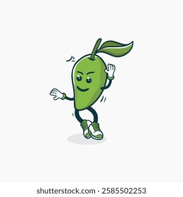 The image shows a cheerful cartoon mango character with shoes dancing happily on a white background.