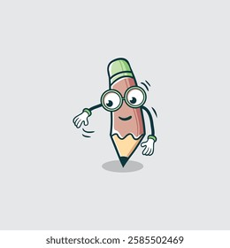 The image shows a cheerful cartoon pencil character wearing glasses and playfully dancing.
