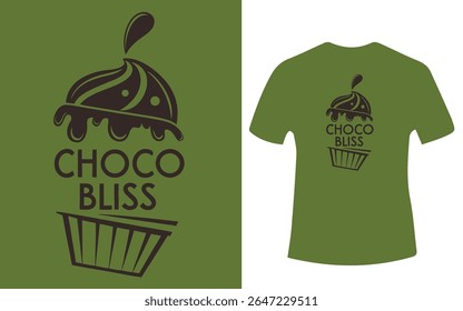 A imagem mostra o logotipo de um cupcake de chocolate com as palavras "Choco Bliss" e uma camiseta mockup.