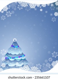 The image shows a Christmas card with white snowflakes and Christmas  tree on blue background. Illustration done on separate layers, there is a place for the text block.