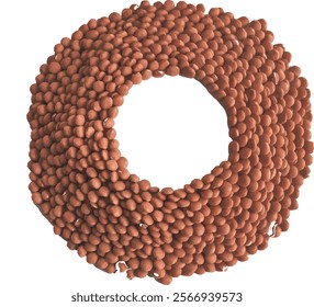 The image shows a circular arrangement of red lentils forming a dense, ring-like shape with a hollow center. The background is plain white, emphasizing the texture and color of the lentils.
