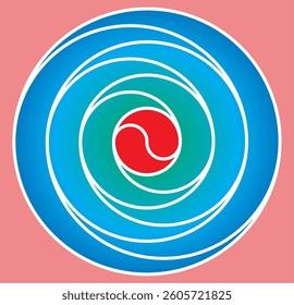 The image shows a circular design with a combination of red, green, blue, and white on a pink background.