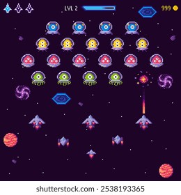 A imagem mostra um nível de jogo clássico de tiro espacial em estilo arcade. Os inimigos alienígenas são organizados em fileiras com naves espaciais prontas para atacar. Estilo clássico de arte em pixels. Ideal para videogames, jogos retrô