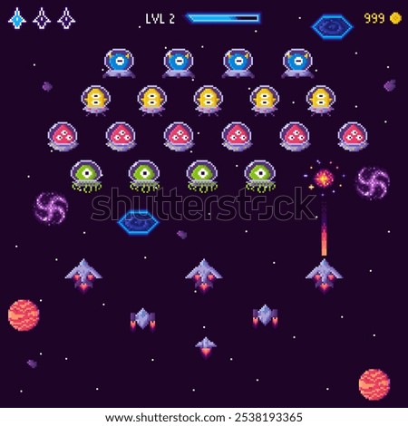 Image shows a classic arcade-style space shooter game level. Alien enemies are arranged in rows with player spaceships ready to attack. Classic pixel art style. Ideal for video games, retro gaming