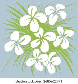 The image shows a cluster of white flowers with simple petal shapes, surrounded by green palm-like leaves. Set against a soft blue background, it creates a fresh, tropical, and elegant floral design.