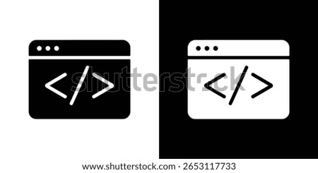 Image shows a code window icon split into black and white halves, each containing an angle brackets symbol for HTML programming concepts.