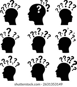 Image shows a collection of black human head outlines, each topped with several question marks, suggesting doubt, inquiry, and the perplexing nature of thought and questioning.