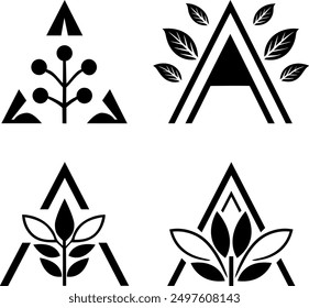 The image shows a collection of minimalist logo designs incorporating the letter "A" with leaf motifs. Each design uniquely combines the simplicity of geometric shapes with natural elements to symbol